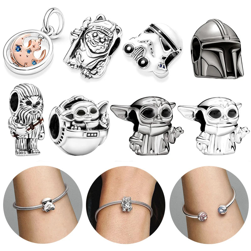 Charms y pulsera de plata con tematica de Star Wars y Marvel