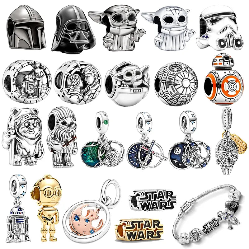 Charms y pulsera de plata con tematica de Star Wars y Marvel