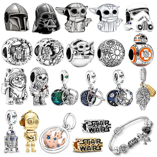 Charms y pulsera de plata con tematica de Star Wars y Marvel